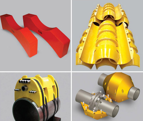 Piggyback clamps, saddles, centralisers, spacers and flange protectors
