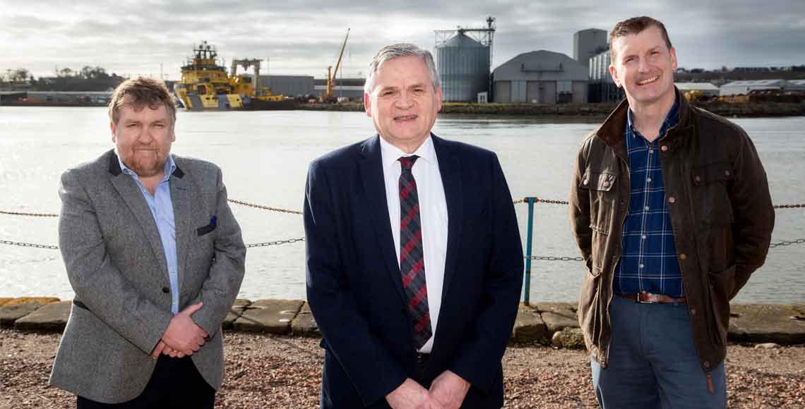 Tom Hutchison, Bill Main and Dave Doogan MP met to discuss Balmoral’s new quayside facility at Montrose Port