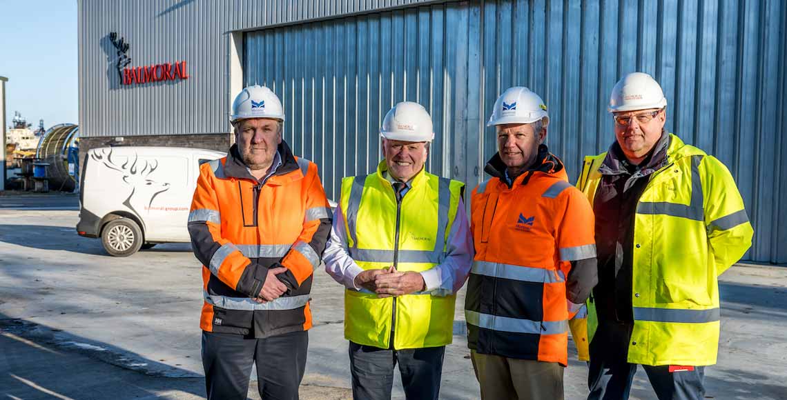 Pictured at Balmoral’s Montrose facility (from L-R): Tom Hutchison, chief executive officer, Montrose Port Authority; Sir Jim Milne CBE, chairman and managing director, Balmoral Group; Peter Stuart, chairman, Montrose Port Authority Board; Derek Weir, subsea test centre manager, Balmoral Comtec. 