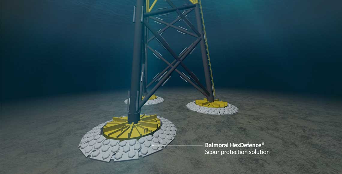 Jacket offshore wind turbine structure surrounded by HexDefence